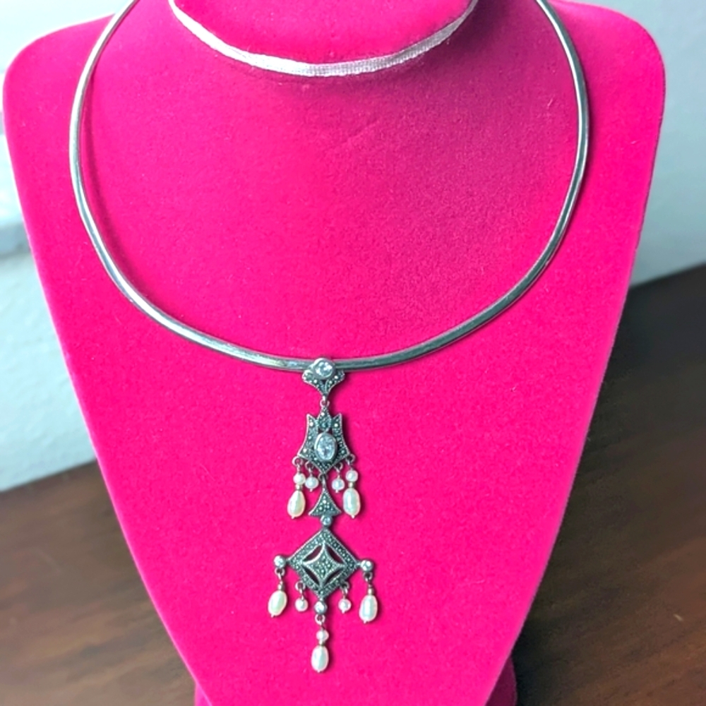 Antique Edwardian Sterling Silver and Marcasite Lavaliere And CHOKER - Picture 10 of 10